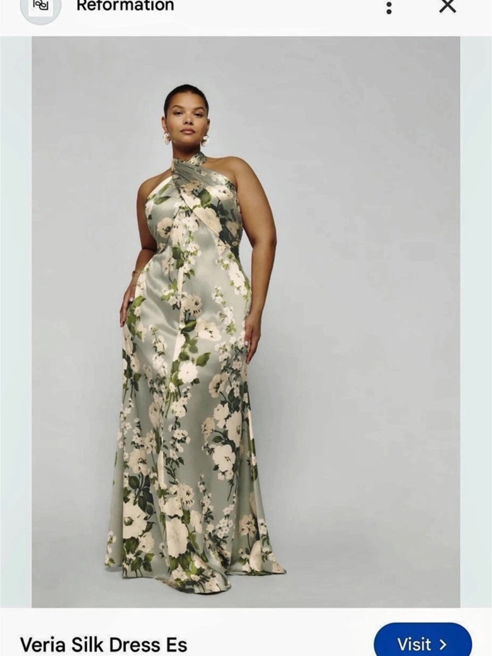 Reformation Veria Silk Dress Floral Halter Maxi Dress in Green & White